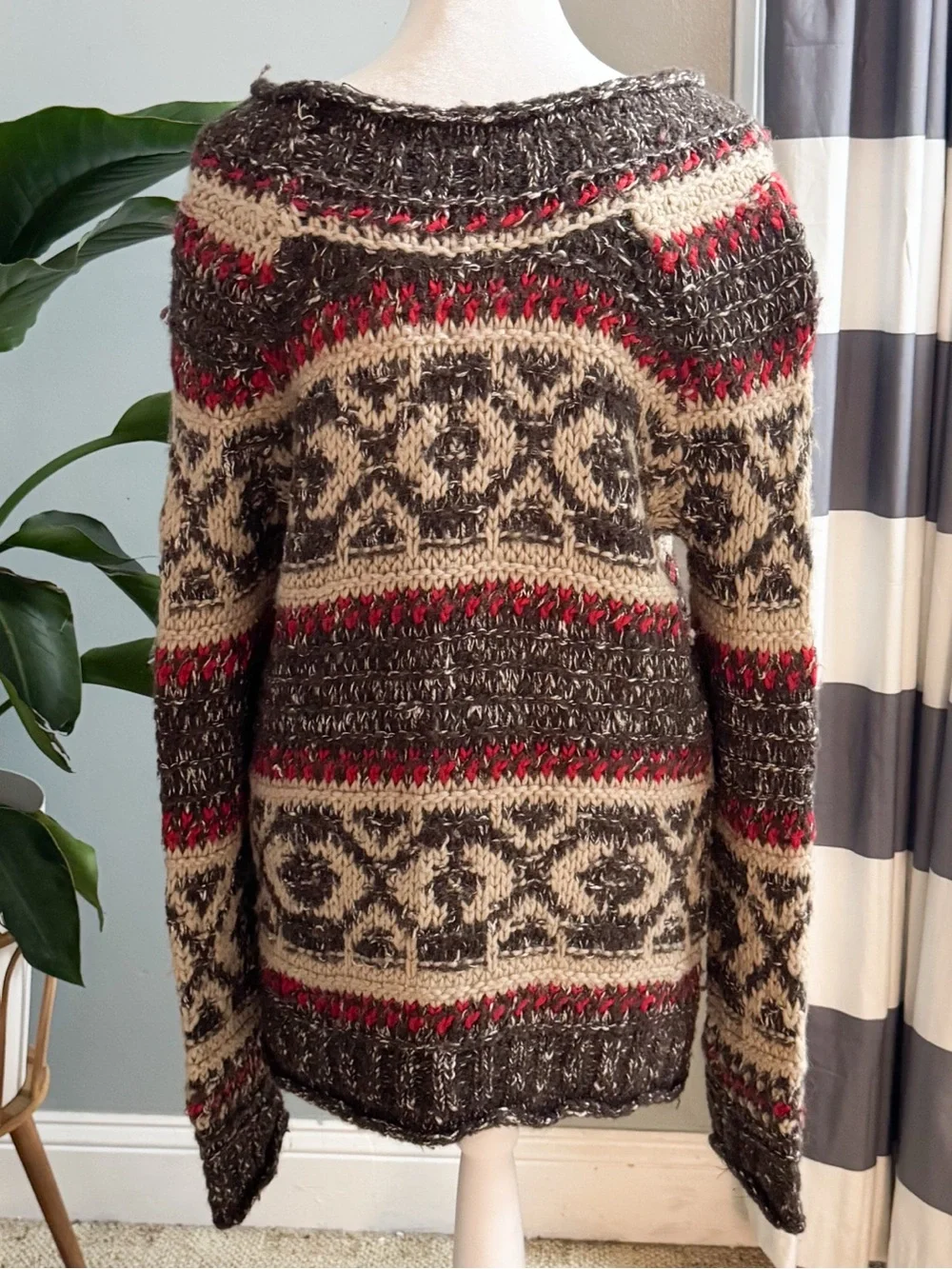 Free People Fair Isle Chunky Knit Sweater Medium Brown Red